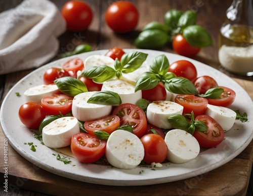 Mozzarella and tomato salad. Fresh salad with mozzarella and tomatoes on wooden board.