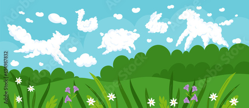 Landscape with zoomorphic clouds. Bizarre cloudy outlines. Similarity with animals. Summer glade. Kids imagination. Forest meadow panorama. Cloudscape fantasy. Garish vector concept photo