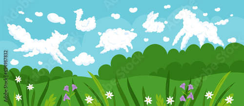 Landscape with zoomorphic clouds. Bizarre cloudy outlines. Similarity with animals. Summer glade. Kids imagination. Forest meadow panorama. Cloudscape fantasy. Garish vector concept