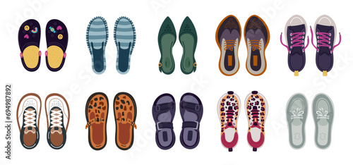 Male and female shoes top view. Cartoon footwear different types. Colorful espadrilles and sandals. Stylish accessories. Casual sneakers and moccasins. Trendy clothing. Garish vector set