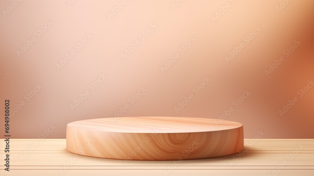 Wooden stand with soft peach backdrop, Premium showcase mockup template for Beauty, Cosmetic, Luxury products, with copy space for text Wooden stand with soft peach backdrop, Premium showcase mockup template for Beauty, Cosmetic, Luxury products, with copy space for text