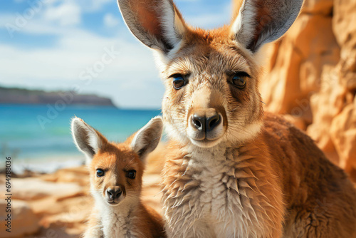 Portrait of a wild kangaroo family in the coast looking at the camera in Australia. Australia's day photo