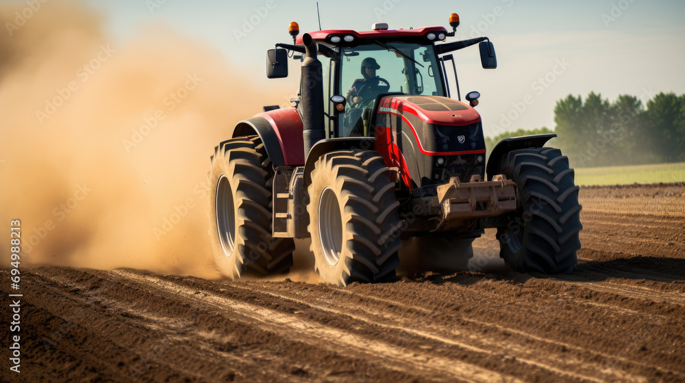 Obraz premium Tractor plowing a field, with dust being kicked up by the tires