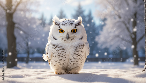 Cute white owl in a snowy park weather