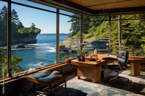 A coastal home office with a glass desk and a panoramic view of a serene coastal landscape © Mr