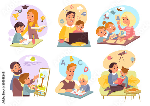 Parents learning children. Moms and dads help kids do homework. Adult and student characters. Family studying together. Distance education. Read books. Paint picture. Splendid vector set photo