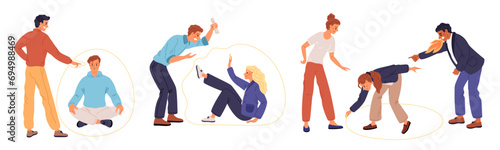 Personal boundaries violation. People defend personal space. Psychological comfort. Social communication and interaction. Delineate borders. Quarrel and conflict. Garish vector set