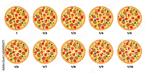 Pizza with fractions. Food pieces. Mathematical calculations. Meal rate. Children education. Whole pepperoni. Baking slice diagram. Italian cuisine. Pizzeria restaurant. Vector concept photo