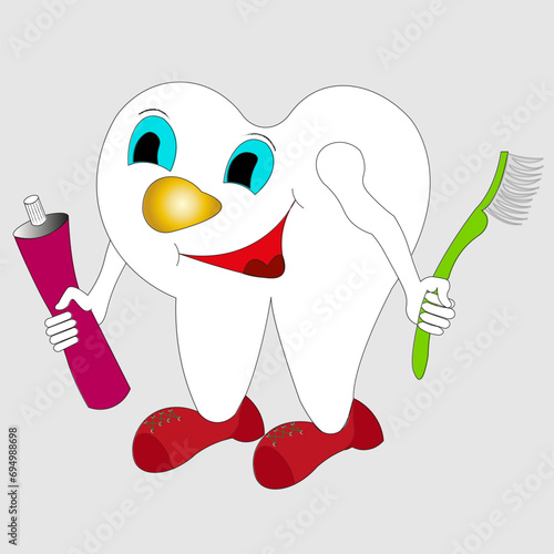 Cartoon tooth smiling and holding a toothbrush and toothpaste in his hands. Tooth logo, standing in red sneakers.