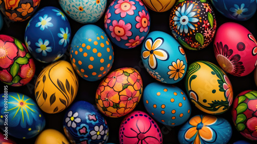 Collection of colorful Easter eggs, each decorated with various patterns and designs, symbolizing the festive spirit of the Easter holiday.