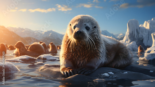 fur seal on an ice floe, sunny day