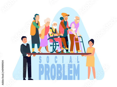 Social problem of aging society and low fertility in developed countries. Demographic ratio. Poverty and disability. Disabled seniors and beggars. Population trouble. Vector concept