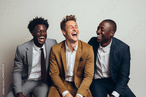 Three young friends smiling, taking a selfie, and having fun together. Men of diverse races celebrating their friendship with positive expressions and dressed in suits photo