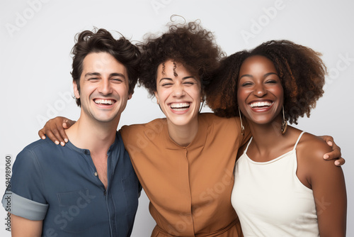 Photograph of three friends posing together in a medium shot, smiling, and looking at the camera against a white background