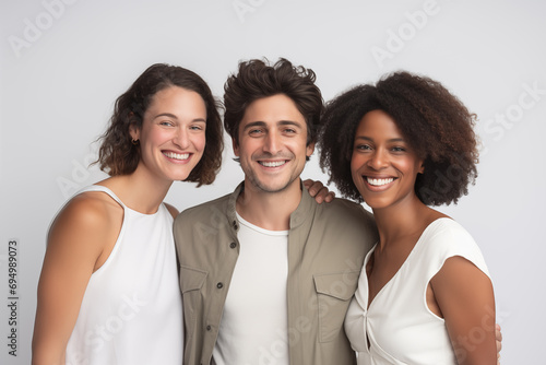 Photograph of three friends posing together in a medium shot, smiling, and looking at the camera against a white background