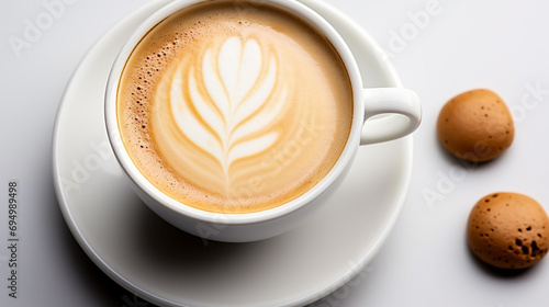 Wide panoramic top view photo of a Cappuccino coffee cup with cream design on it and a saucer in white background 