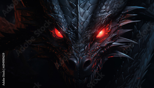a fantasy dragon head with red eyes and black background