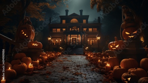 A historic mansion with a grand Halloween display, including life-size pumpkin figures, elegant candelabras, and a vintage carriage adorned with autumnal decorations photo