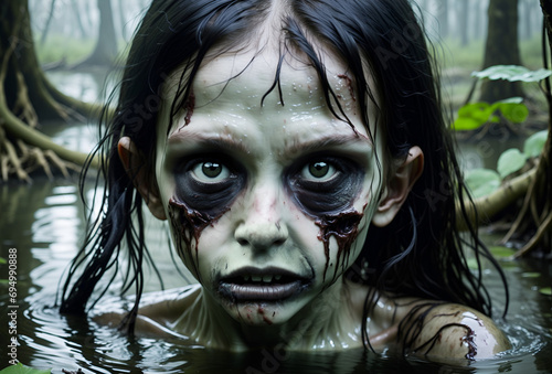 Portrait of an scary rotten girl zombie in a swamp	 photo