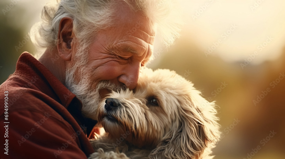 copy space, stockphoto, realistic, National Love Your Pet Day. Elderly man hugging his dog. Peaceful scene. Love and friendship between an animal, dog and boy, owner. copy space, stockphoto, realistic, National Love Your Pet Day. Elderly man hugging his dog. Peaceful scene. Love and friendship between an animal, dog and boy, owner.