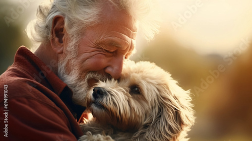 copy space, stockphoto, realistic, National Love Your Pet Day. Elderly man hugging his dog. Peaceful scene. Love and friendship between an animal, dog and boy, owner. photo