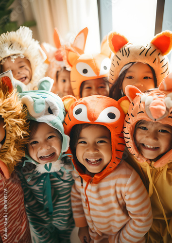 cheerful children in animal masks at a children's party photo