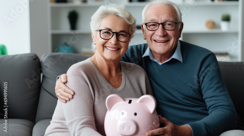 Cheerful senior couple sitting closely together on a sofa, holding a piggybank, symbolizing financial security and savings in their retirement years.