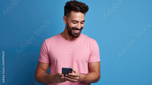 Man smiling and holding her smartphone on a blue background