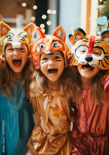 cheerful children in animal masks at a children's party photo