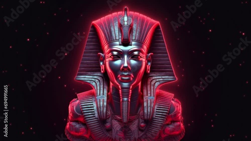 Anchient statue with neon wave lights in the style of electronic music background in 4K