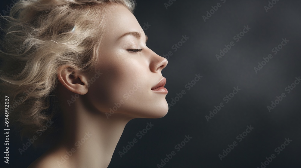 Side Profile of Young Woman with Blonde Hair on Dark Background Peaceful Beauty Concept Side Profile of Young Woman with Blonde Hair on Dark Background Peaceful Beauty Concept