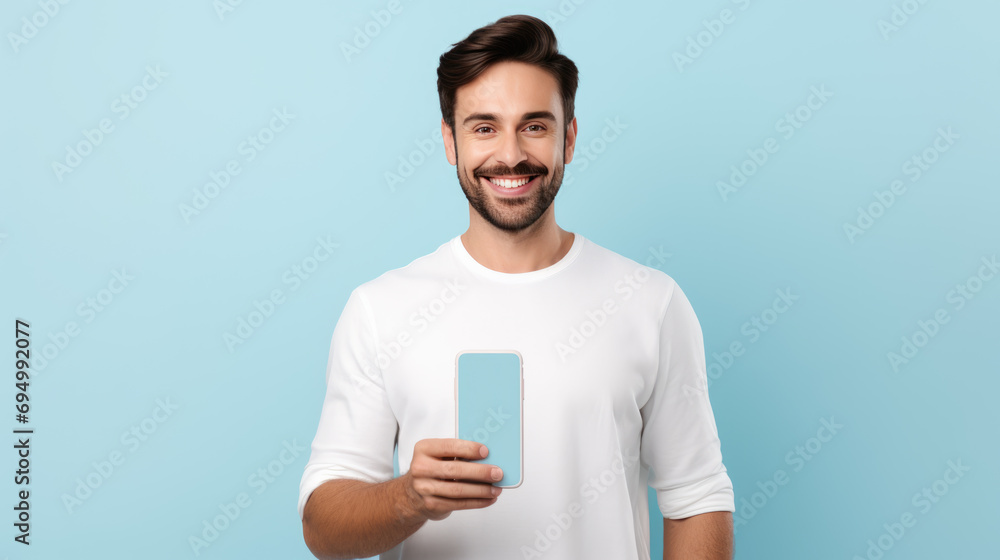 Young man smiling and holding his smartphone on a colored background Young man smiling and holding his smartphone on a colored background