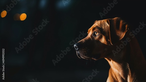 Focused Brown Dog in Dramatic Lighting with Dark Background and Soft Bokeh Lights