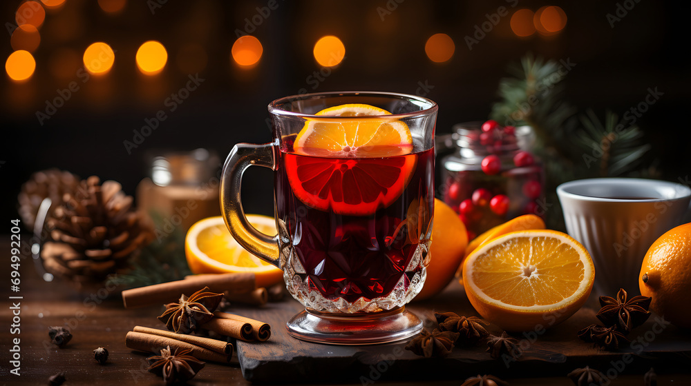 Christmas mulled red wine with aromatic spices and citrus fruits on a wooden rustic table Christmas mulled red wine with aromatic spices and citrus fruits on a wooden rustic table