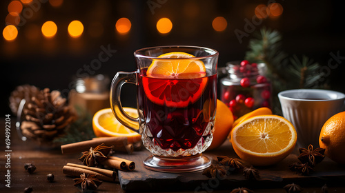 Christmas mulled red wine with aromatic spices and citrus fruits on a wooden rustic table