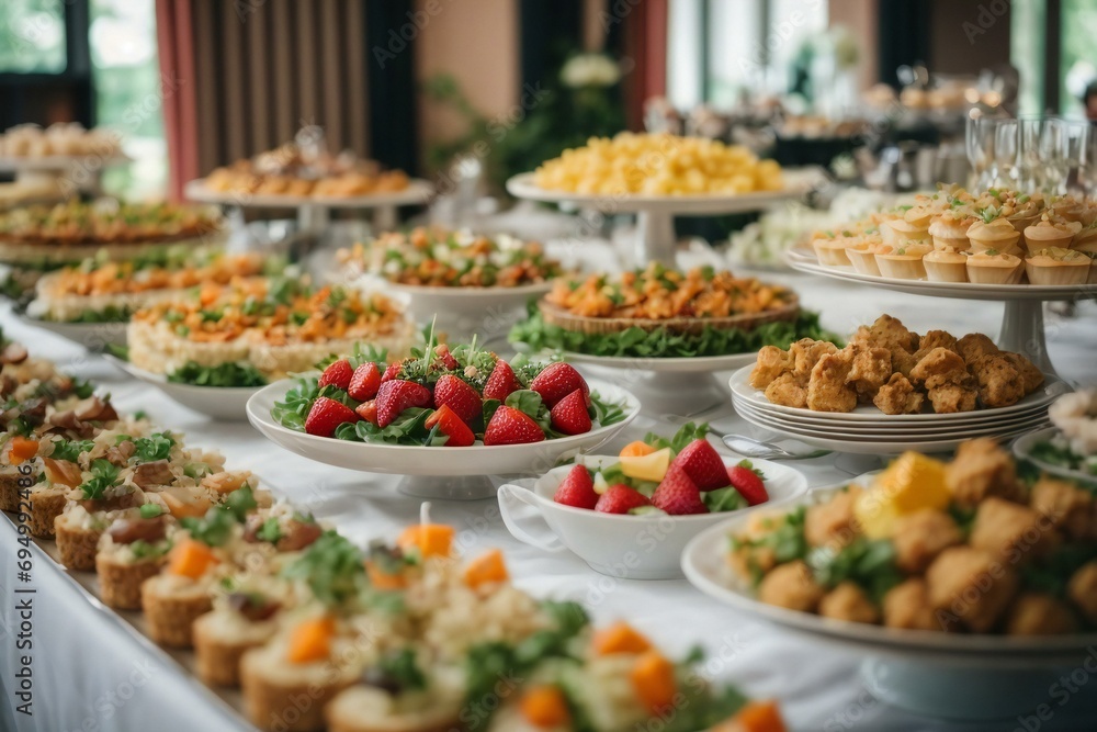 buffet at a restaurant of different food and fruits