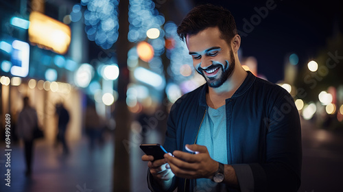 Man uses a cell phone on a city street at night photo
