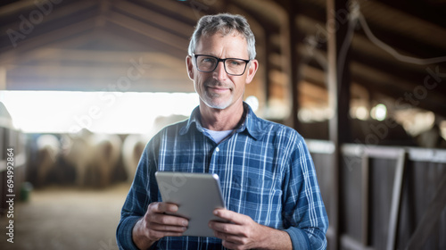Mature man focusing on a tablet inside a barn with cows in the background, depicting modern farming management.