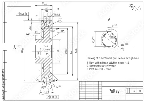 Vector drawing of a steel mechanical part with through holes
and dimension lines.
Engineering cad scheme. Steel pulley.