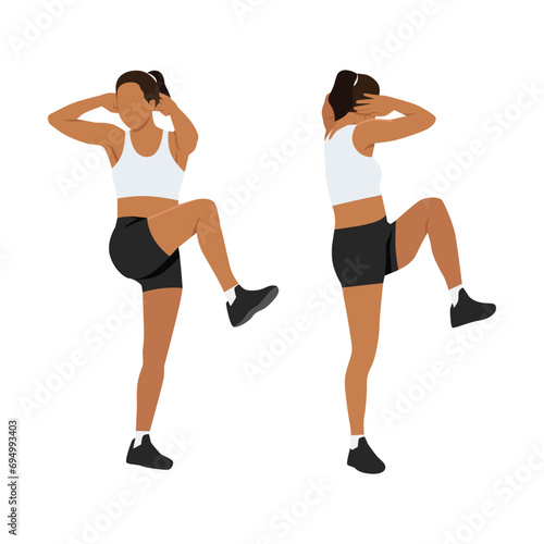 Woman doing standing elbow to knee exercise. Flat vector illustration isolated on white background