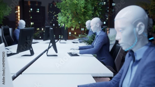 3d render of humanoid robots working in modern office, future concept photo
