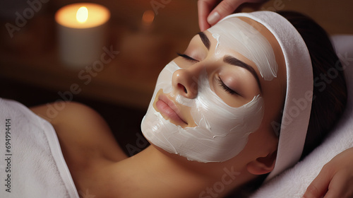 Spa Day - Young Woman with White Clay Mask. Beauty and Wellness