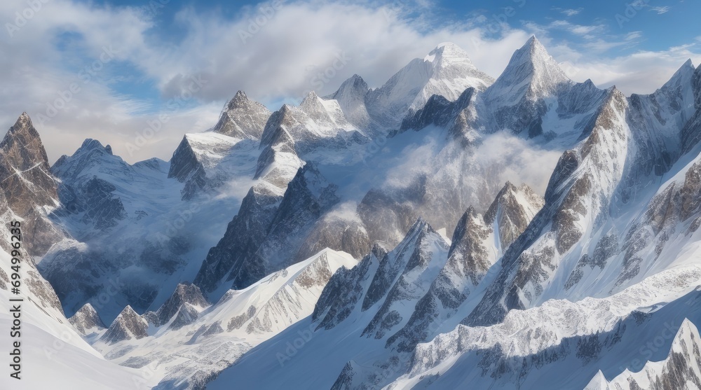 Fototapeta premium Peaks of Serenity. Snowy Mountains Stand Tall, Gracefully Separated on a Blank Canvas of White Elegance.