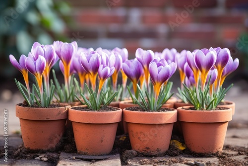 crocuses spring flowers growing in pots close-up. modern business and private entrepreneurship, flower shop. Holiday gift