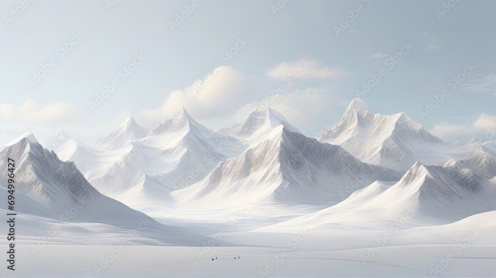 Peaks of Serenity. Snowy Mountains Stand Tall, Gracefully Separated on a Blank Canvas of White Elegance.