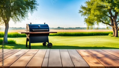 Table with summer background and barbecue grill and copy space photo
