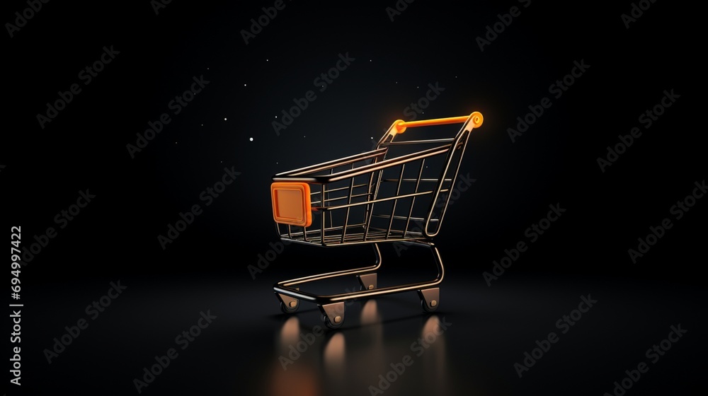 A shopping cart icon against a sleek black background, representing e-commerce and online shopping, with a modern and minimalist design.