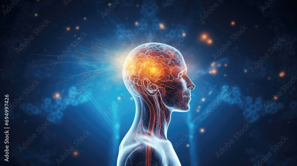 Human head with glowing neurons and Nervous system in the human brain on vibrant blue background. Science and medical health - obrazy, fototapety, plakaty 