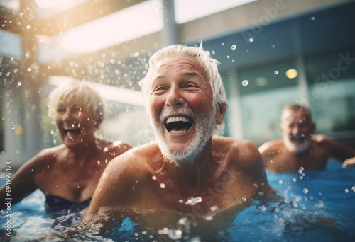 Active elderly people having fun in a swimming pool. Retired lifestyle © Renata Hamuda