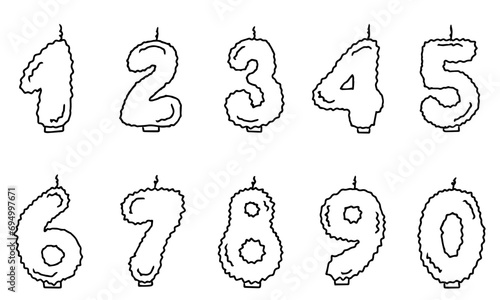 Doodle lit candle numbers for birthday cake. Hand drawn numeral icons. Zero, one, two, three, four, five, six, seven, eight, nine photo